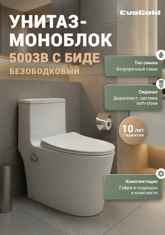 фото Унитаз-моноблок 5003B с биде безободковый, сиденье тонкое ДП, арматура (с гофрой и подводкой)