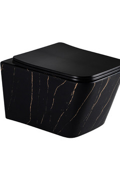 фото EG633Black-G Подвесной унитаз EvaGold мрамор черное золото, безободковый, сид. черн. мат. тонкое ДП