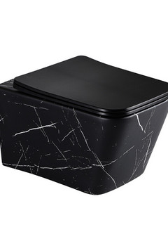 фото EG633Black-W Подвесной унитаз EvaGold мрамор черно-белый, безободковый, сид. черн. мат. тонкое ДП