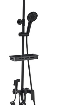 фото Mau FS08B-PVD Душевая стойка (150 см) со смесителем, полкой и гигиеническим душем, латунь, черный EvaGold